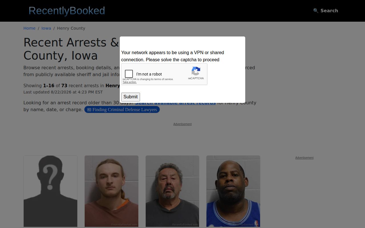 Unofficial Recently Booked Henry County landing page